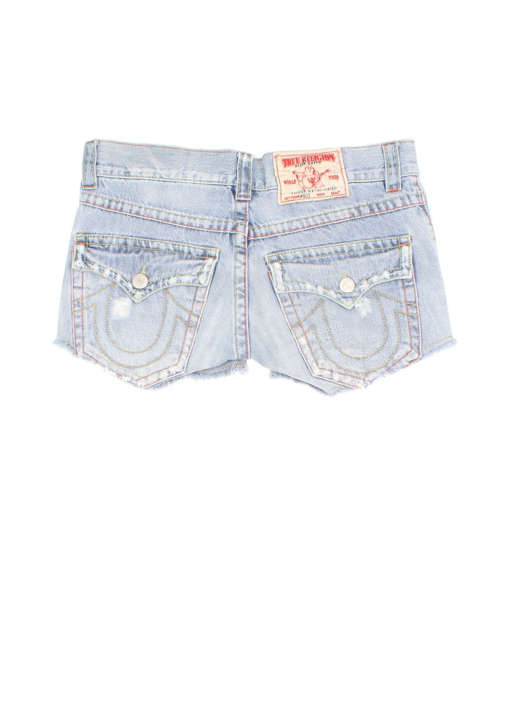 Y2K True Religion Denim shorts in blue colourway with multiple pockets and embroidered brand patch on back.