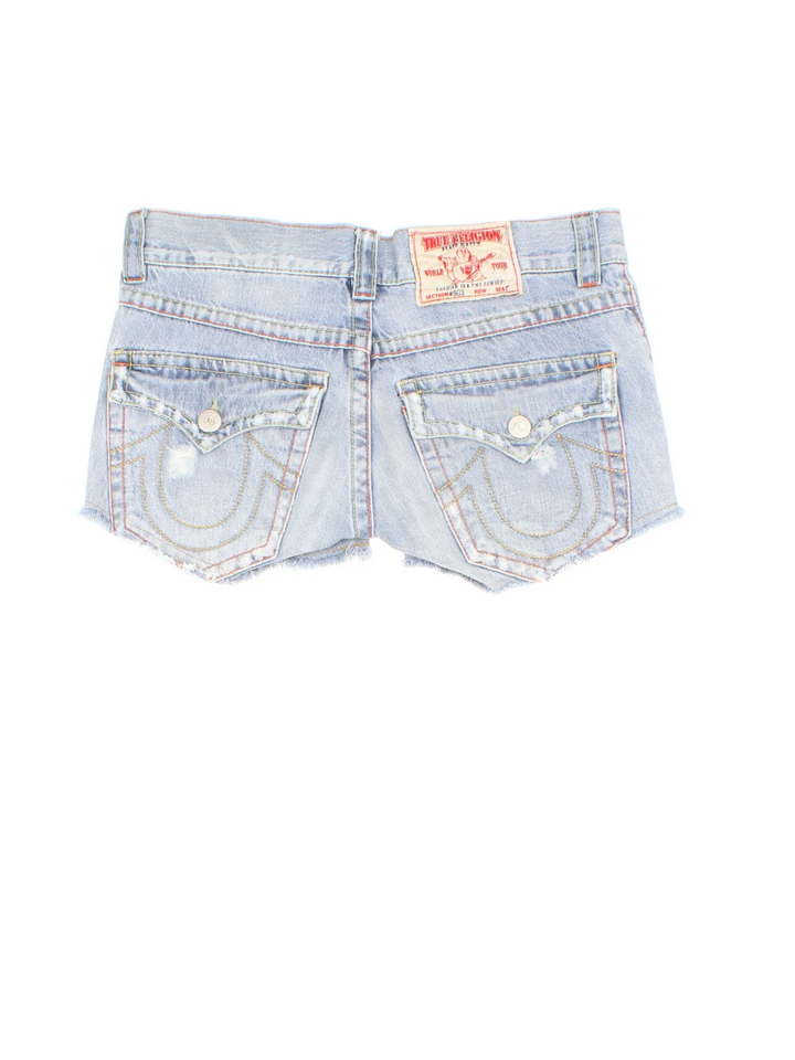 Y2K True Religion Denim shorts in blue colourway with multiple pockets and embroidered brand patch on back.