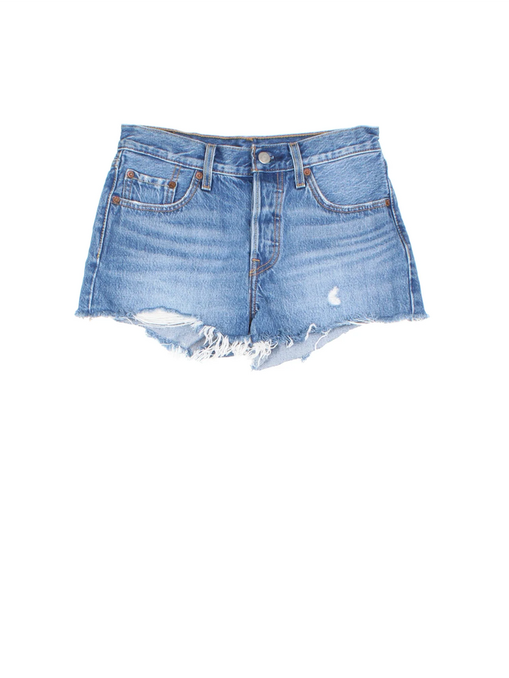 Vintage Levi Strauss shorts in blue colourway with multiple pockets, frayed hem and the logo embroidered on the back.