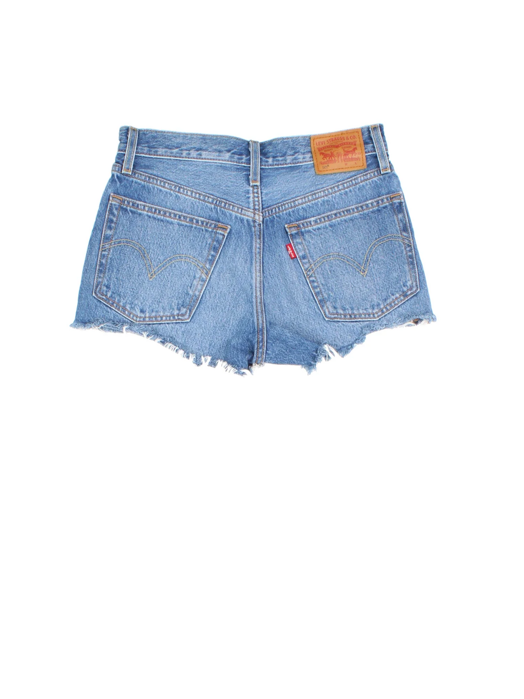 Vintage Levi Strauss shorts in blue colourway with multiple pockets, frayed hem and the logo embroidered on the back.