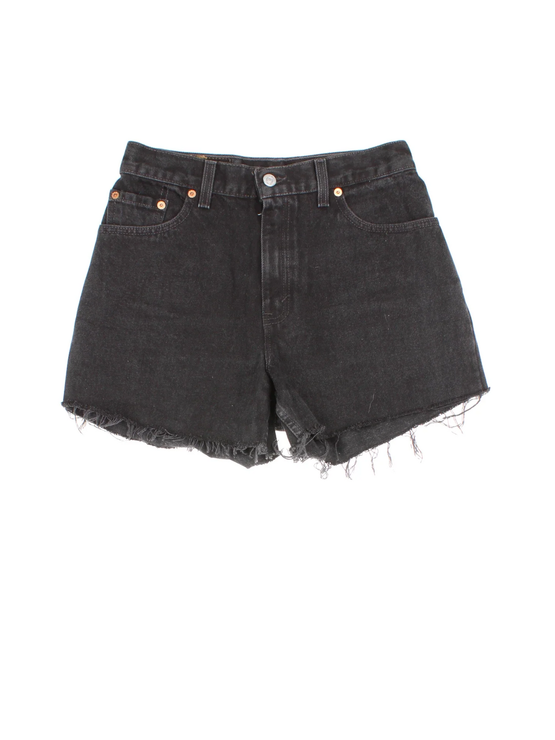 Vintage Levi Strauss shorts in black colourway with multiple pockets, frayed hem and the logo embroidered on the back.