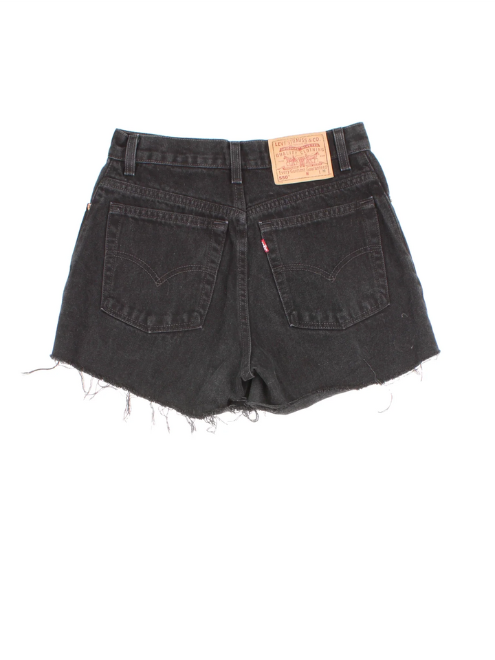 Vintage Levi Strauss shorts in black colourway with multiple pockets, frayed hem and the logo embroidered on the back.