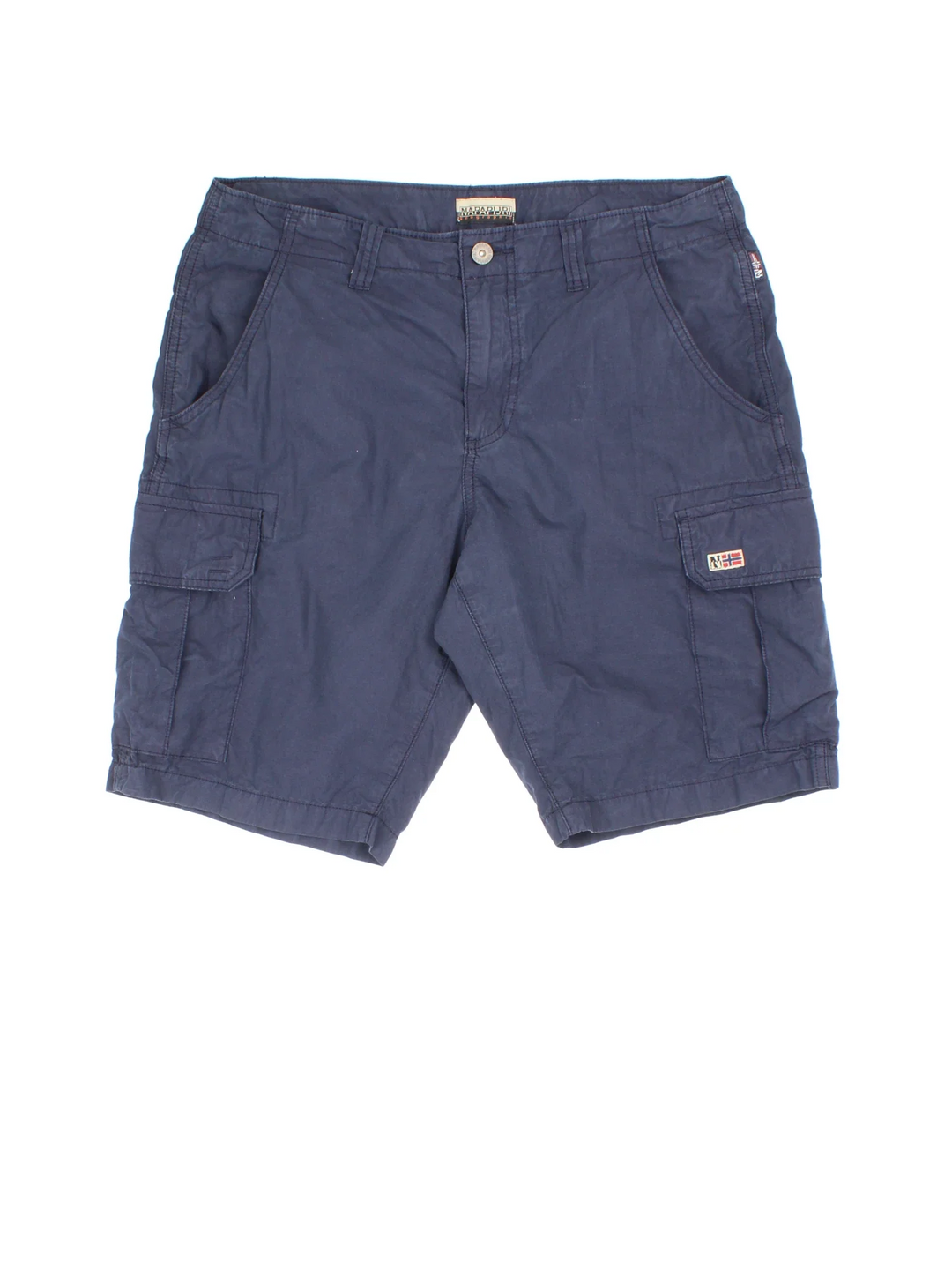 Vintage Napapijri Cargo shorts in blue colourway with multiple pockets and the logo embroidered on the front.