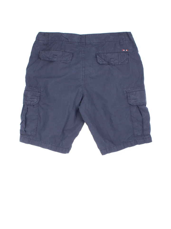 Vintage Napapijri Cargo shorts in blue colourway with multiple pockets and the logo embroidered on the front.
