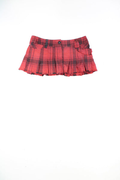 Y2K red cotton plaid mini skirt with raw hem, by River Island