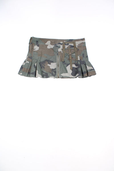 Y2K camouflage cargo style pleated mini skirt with zips and buckles