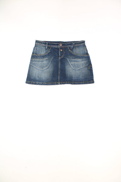 Y2K denim mini skirt with yellow and white contrast stitching and back pockets