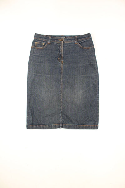 Y2K dark wash denim midi skirt with embroidered details on the back pocket