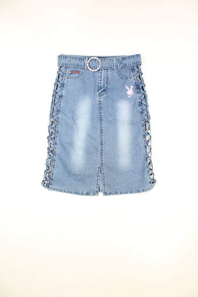 Y2K Playboy light wash denim midi skirt with belt, embroidered logo on the hip and lace up details