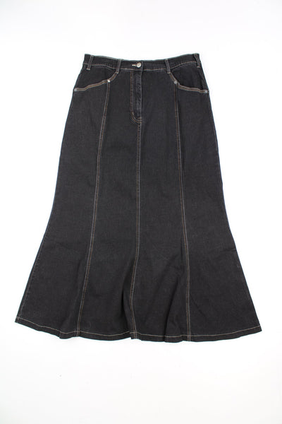 Y2K black denim panelled maxi skirt with contrast stitching