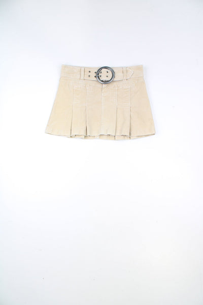 Y2K Jane Norman light tan corduroy pleated mini skirt with buckle detail 