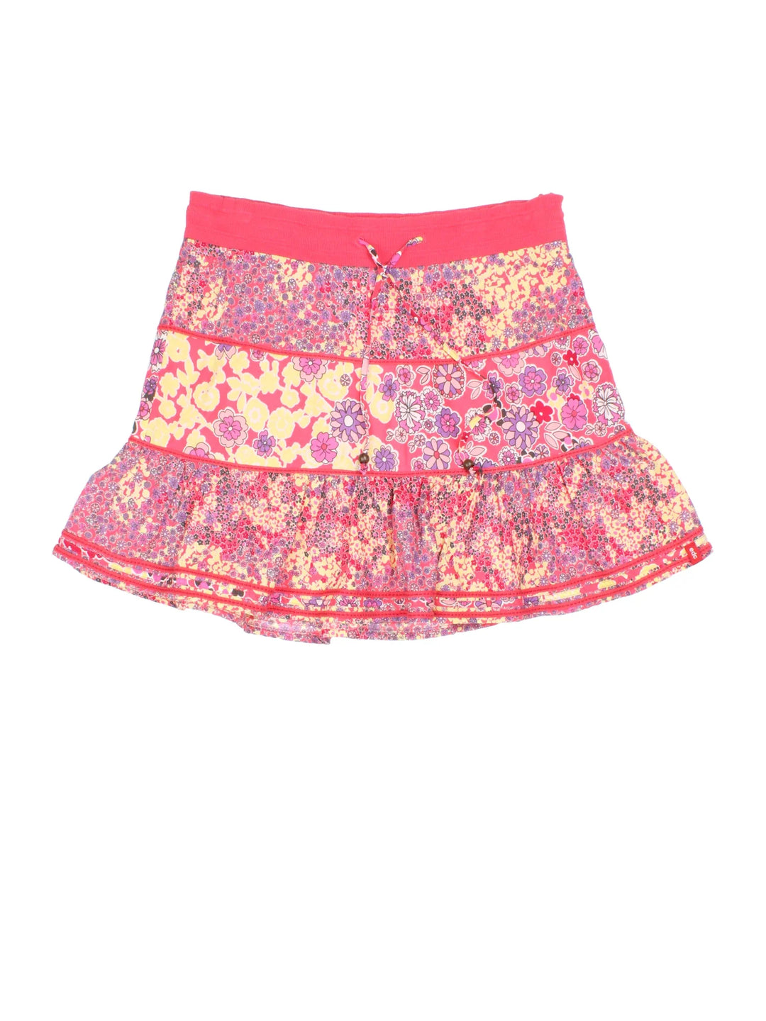 Vintage Y2K Floral Skirt in pink colourway with drawstring waist and tiered panel detail.
