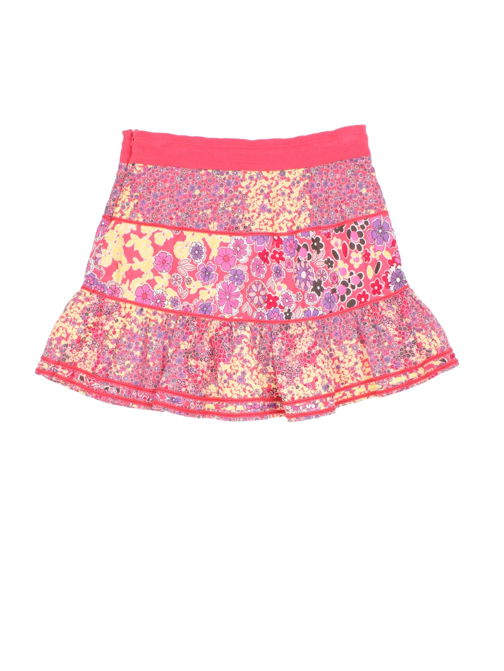 Vintage Y2K Floral Skirt in pink colourway with drawstring waist and tiered panel detail.