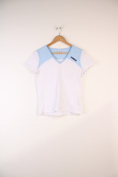 Adidas Top in a white and blue colourway, v neck, and has the logo embroidered on the front and back.