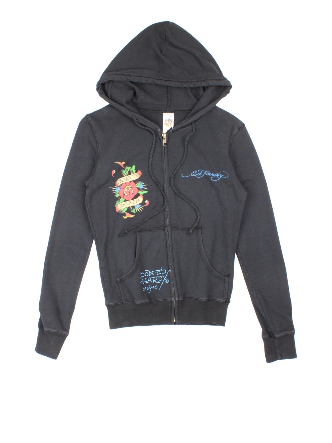 Y2K Ed Hardy True Till Death Hoodie in a black colourway with two front pockets and the logo and graphic printed on the front and back.