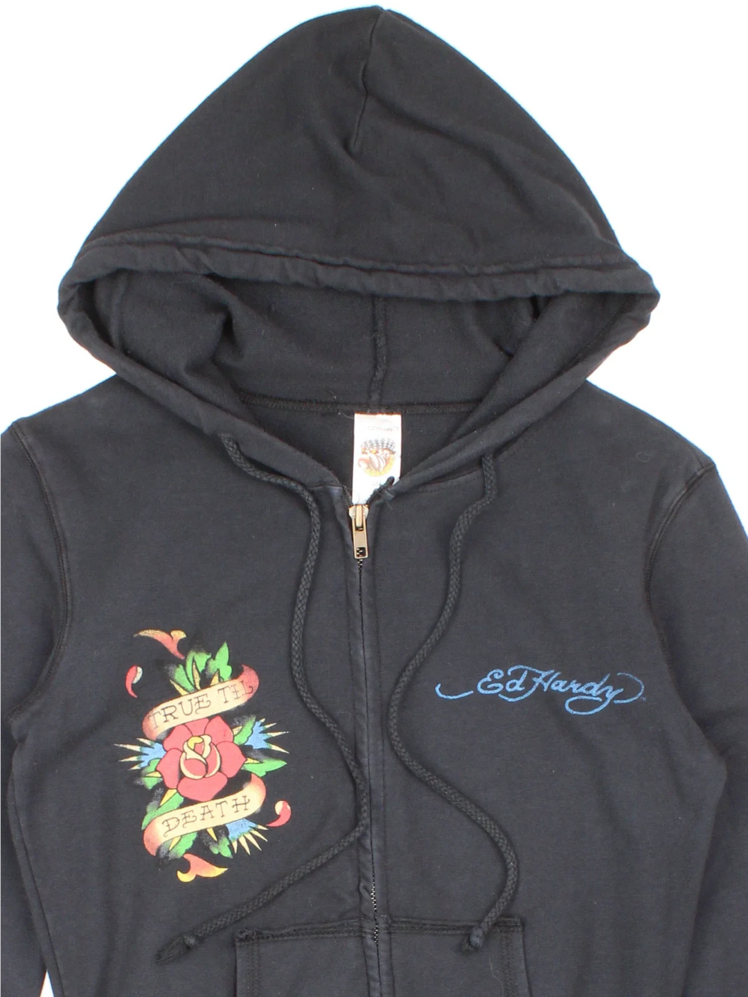 Y2K Ed Hardy True Till Death Hoodie in a black colourway with two front pockets and the logo and graphic printed on the front and back.