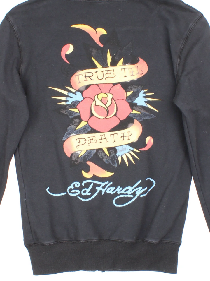 Y2K Ed Hardy True Till Death Hoodie in a black colourway with two front pockets and the logo and graphic printed on the front and back.