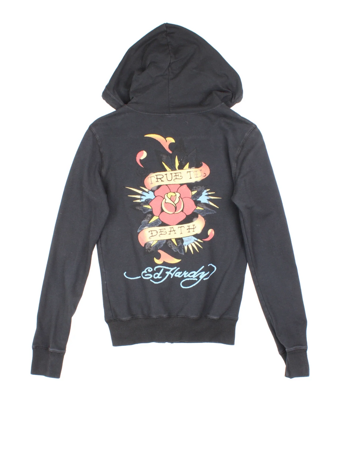 Y2K Ed Hardy True Till Death Hoodie in a black colourway with two front pockets and the logo and graphic printed on the front and back.