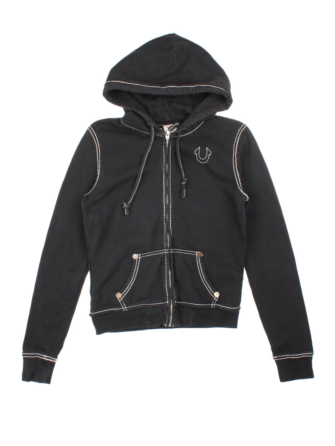 Vintage True Religion Hoodie in a black colourway with white contrast stitching, and has the logo embroidered on the front.