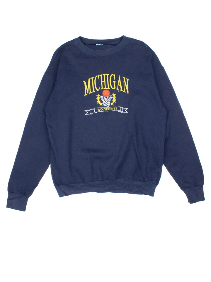 Vintage Michigan Wolverines Sweatshirt in a blue colourway with the logo and basketball graphic on the front.