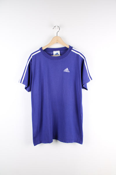 Adidas purple t-shirt features embroidered logo on chest and three stripes down the arms