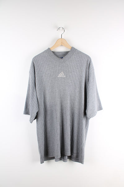 Adidas grey ribbed t-shirt, features embroidered logo on chest 