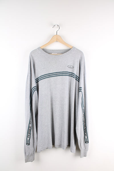 Adidas Performance grey long-sleeve t-shirt, features printed three stripe details across the chest and down the sleeves