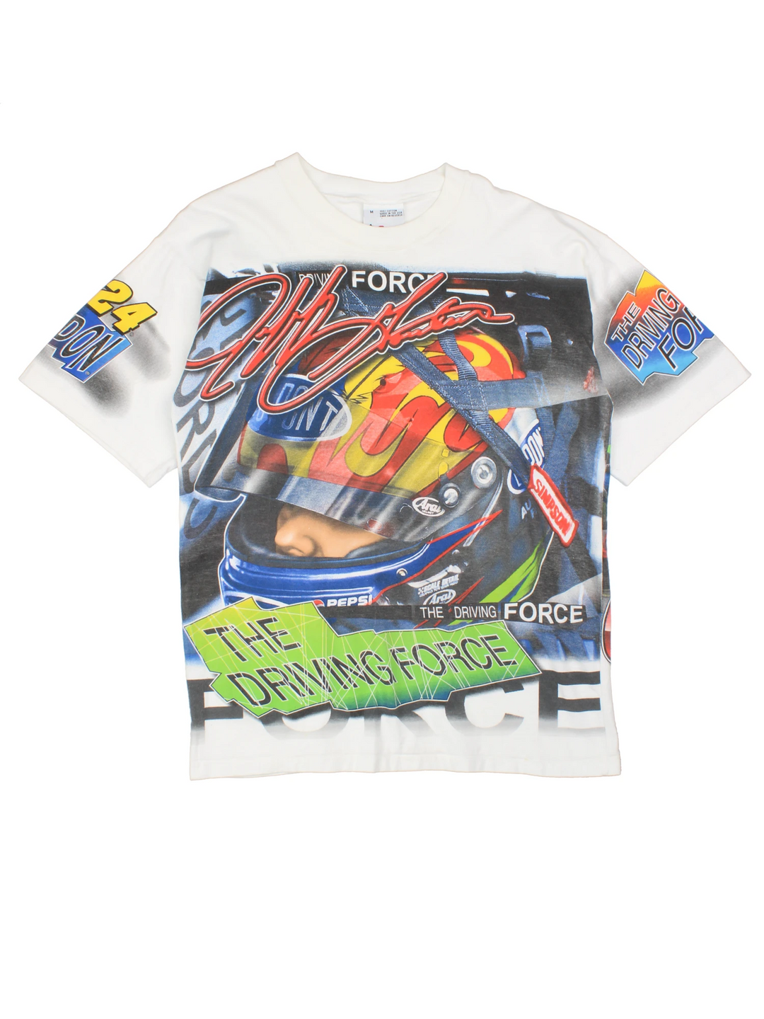 Vintage white 1990s Jeff Gordon "The Driving Force" NASCAR racing t-shirt. Features the design on the front, arms and back.  good condition Size in Label: Mens M