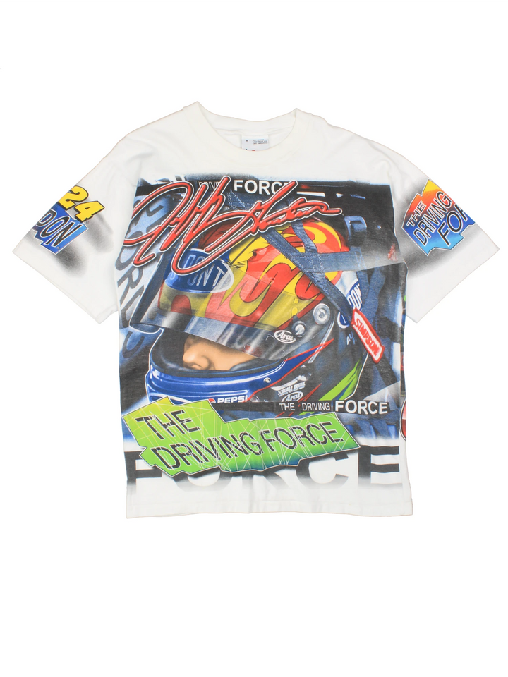 Vintage white 1990s Jeff Gordon "The Driving Force" NASCAR racing t-shirt. Features the design on the front, arms and back.  good condition Size in Label: Mens M