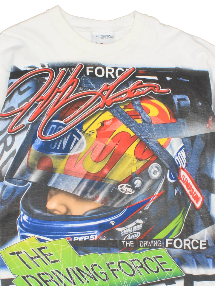 Vintage white 1990s Jeff Gordon "The Driving Force" NASCAR racing t-shirt. Features the design on the front, arms and back.  good condition Size in Label: Mens M