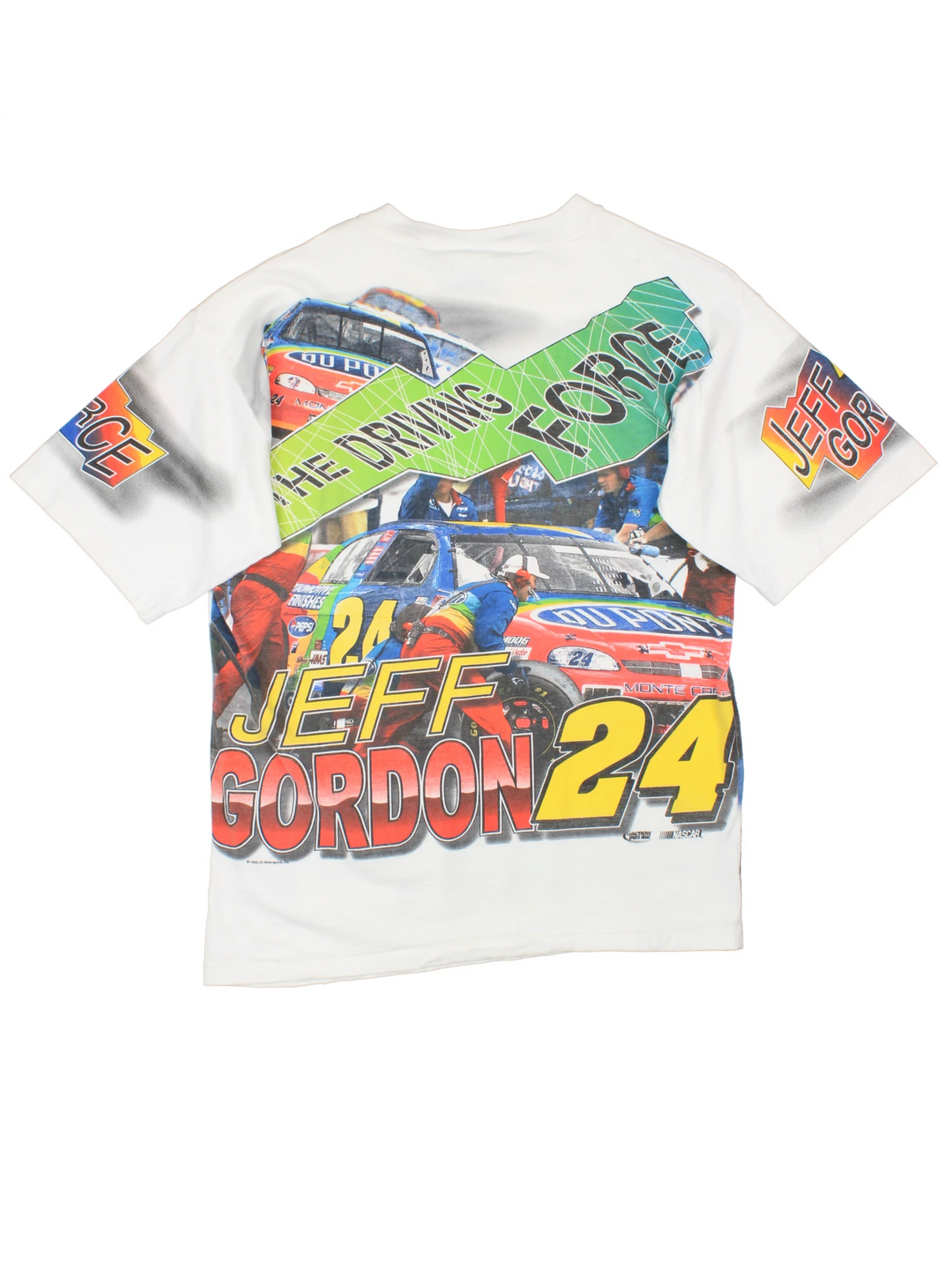 Vintage white 1990s Jeff Gordon "The Driving Force" NASCAR racing t-shirt. Features the design on the front, arms and back.  good condition Size in Label: Mens M