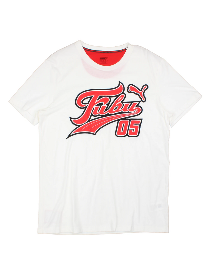 Vintage Fubu x Puma T-Shirt in a white colourway with the logo embroidered across the front in red and black.