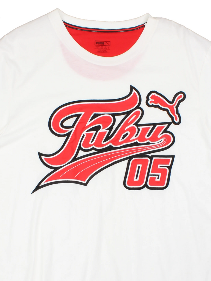 Vintage Fubu x Puma T-Shirt in a white colourway with the logo embroidered across the front in red and black.