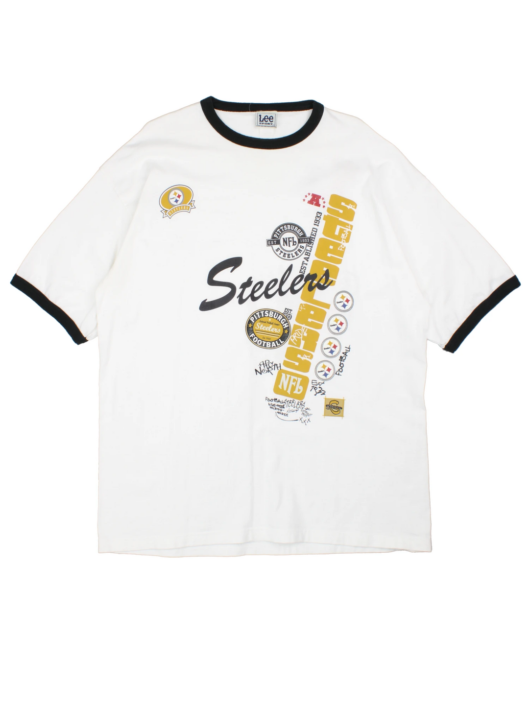 Vintage Pittsburgh Steelers T-Shirt by Lee Sport with large print on the front and back.