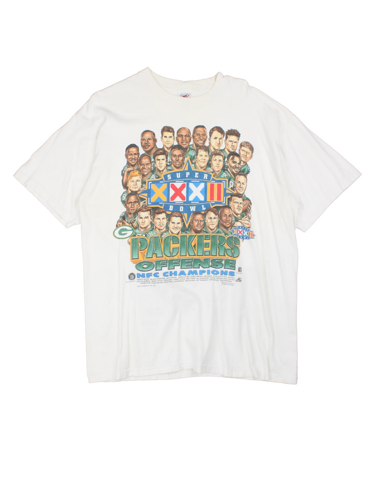 Vintage 1997 Green Bay Packers Super Bowl T-Shirt with large graphic print on the front and back.