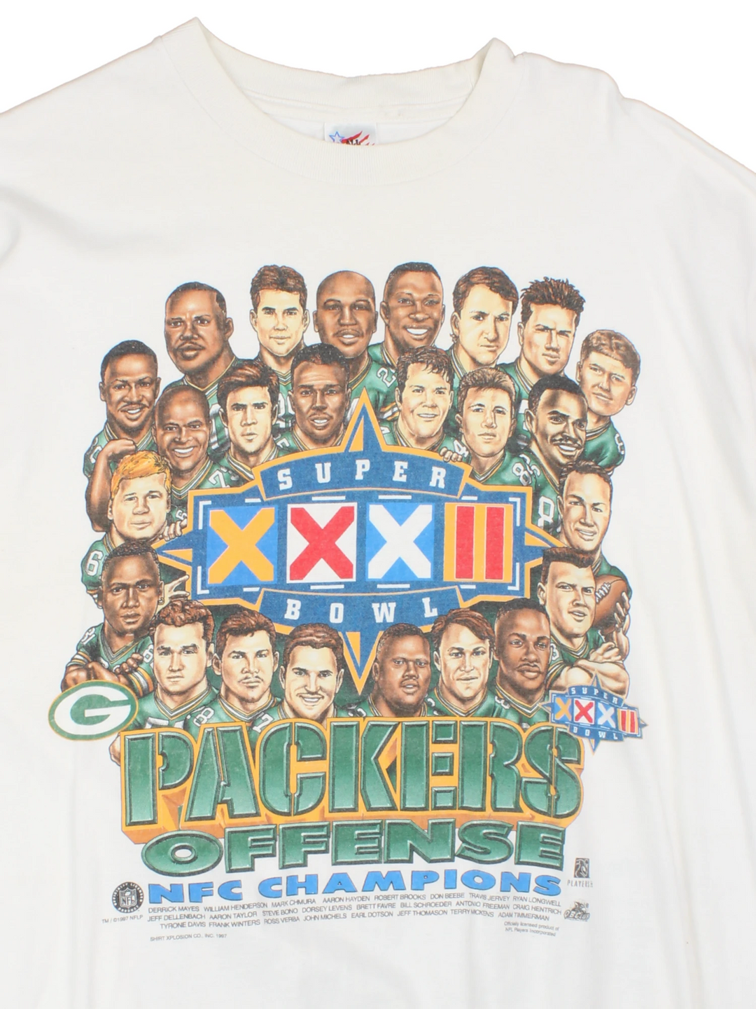 Vintage 1997 Green Bay Packers Super Bowl T-Shirt with large graphic print on the front and back.