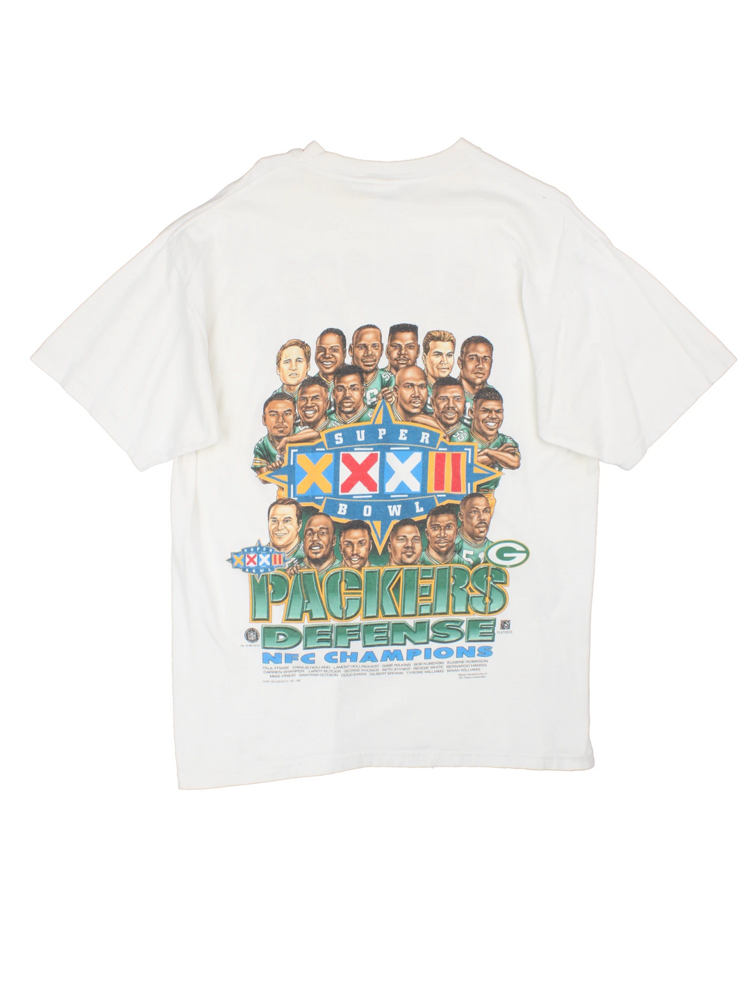 Vintage 1997 Green Bay Packers Super Bowl T-Shirt with large graphic print on the front and back.