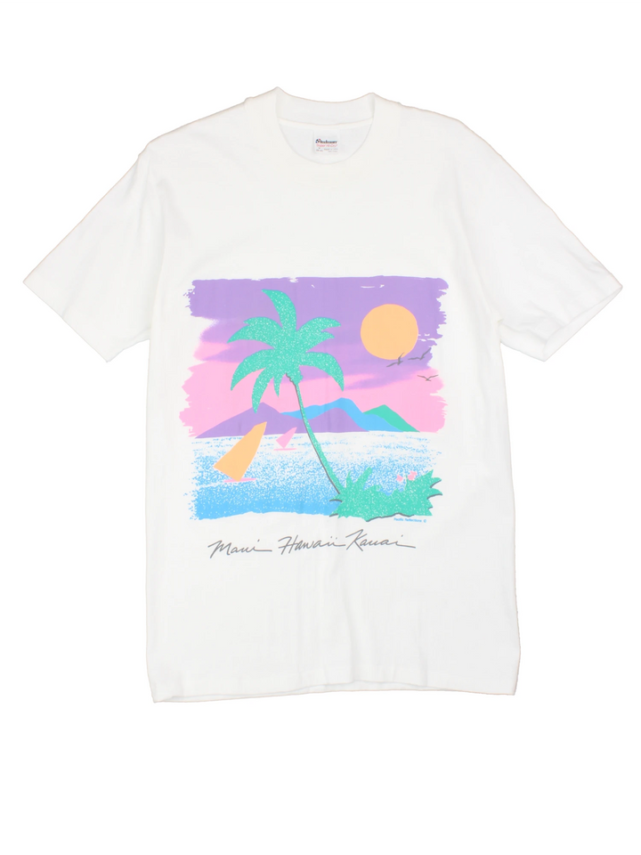 White Maui, Hawaii, Kauai spellout tee with sunset beach design.