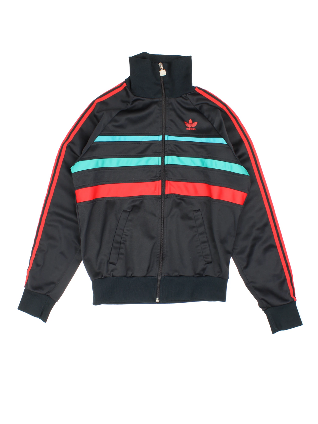 Vintage 80s Adidas tracksuit top in black with red and green stripes. Features embroidered logo on the chest.