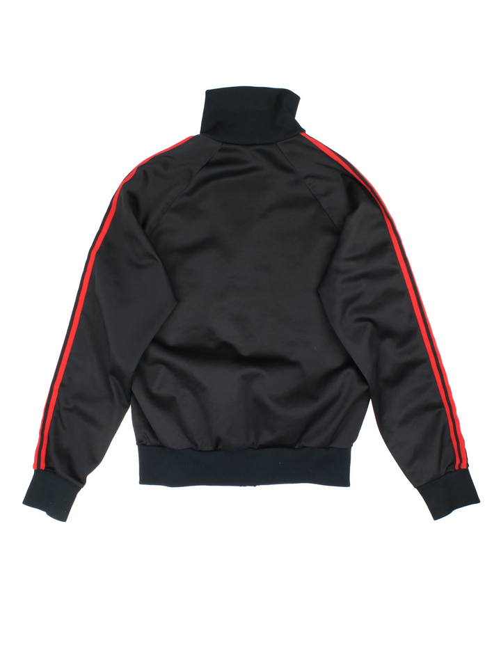 Vintage 80s Adidas tracksuit top in black with red and green stripes. Features embroidered logo on the chest.