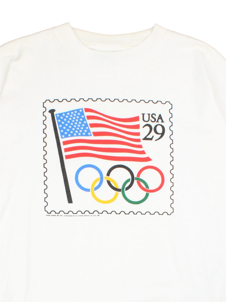 Vintage 90's USA Olympics Graphic T-Shirt in a white colourway, with graphic printed on front.