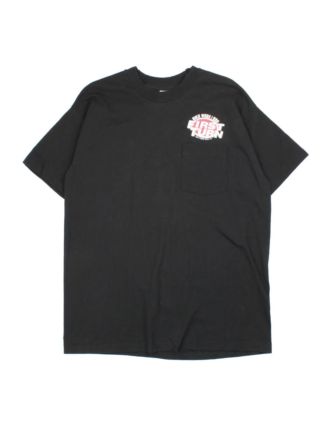 Vintage 1996 Florida Bike Week Graphic Single Stitch T-Shirt in a black colourway, has a chest pocket with the logo printed above and has graphic print on the back.