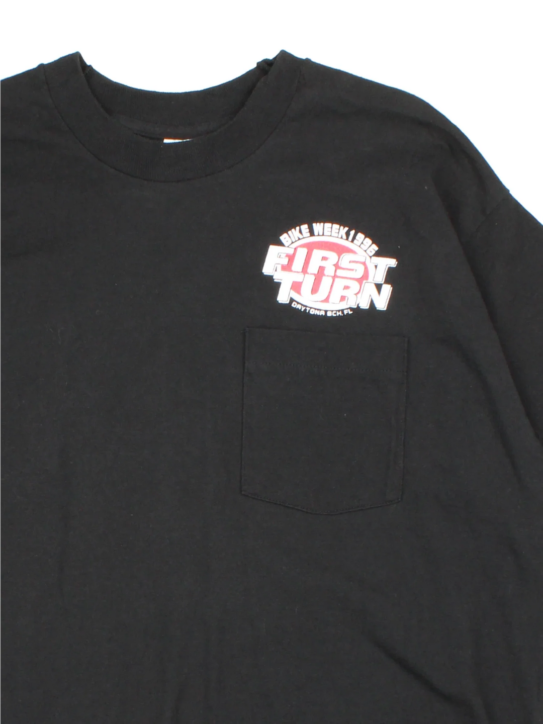 Vintage 1996 Florida Bike Week Graphic Single Stitch T-Shirt in a black colourway, has a chest pocket with the logo printed above and has graphic print on the back.