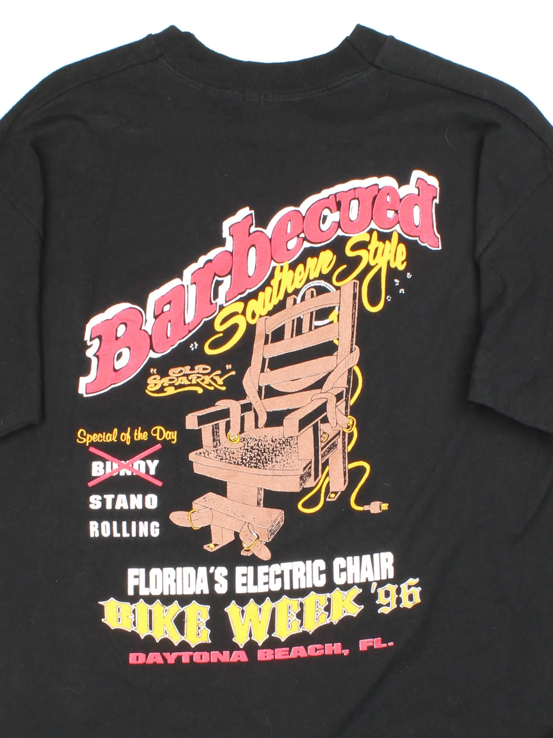 Vintage 1996 Florida Bike Week Graphic Single Stitch T-Shirt in a black colourway, has a chest pocket with the logo printed above and has graphic print on the back.