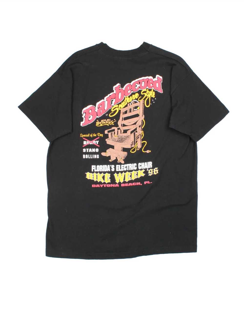 Vintage 1996 Florida Bike Week Graphic Single Stitch T-Shirt in a black colourway, has a chest pocket with the logo printed above and has graphic print on the back.