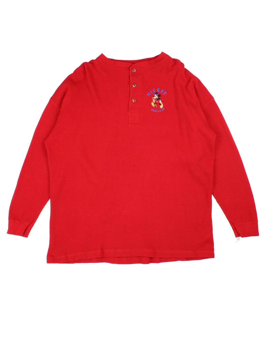 Vintage Disney Mickey Mouse Waffle Henley T-Shirt in a red colourway, with x3 button fastening and embroidered detail on front.