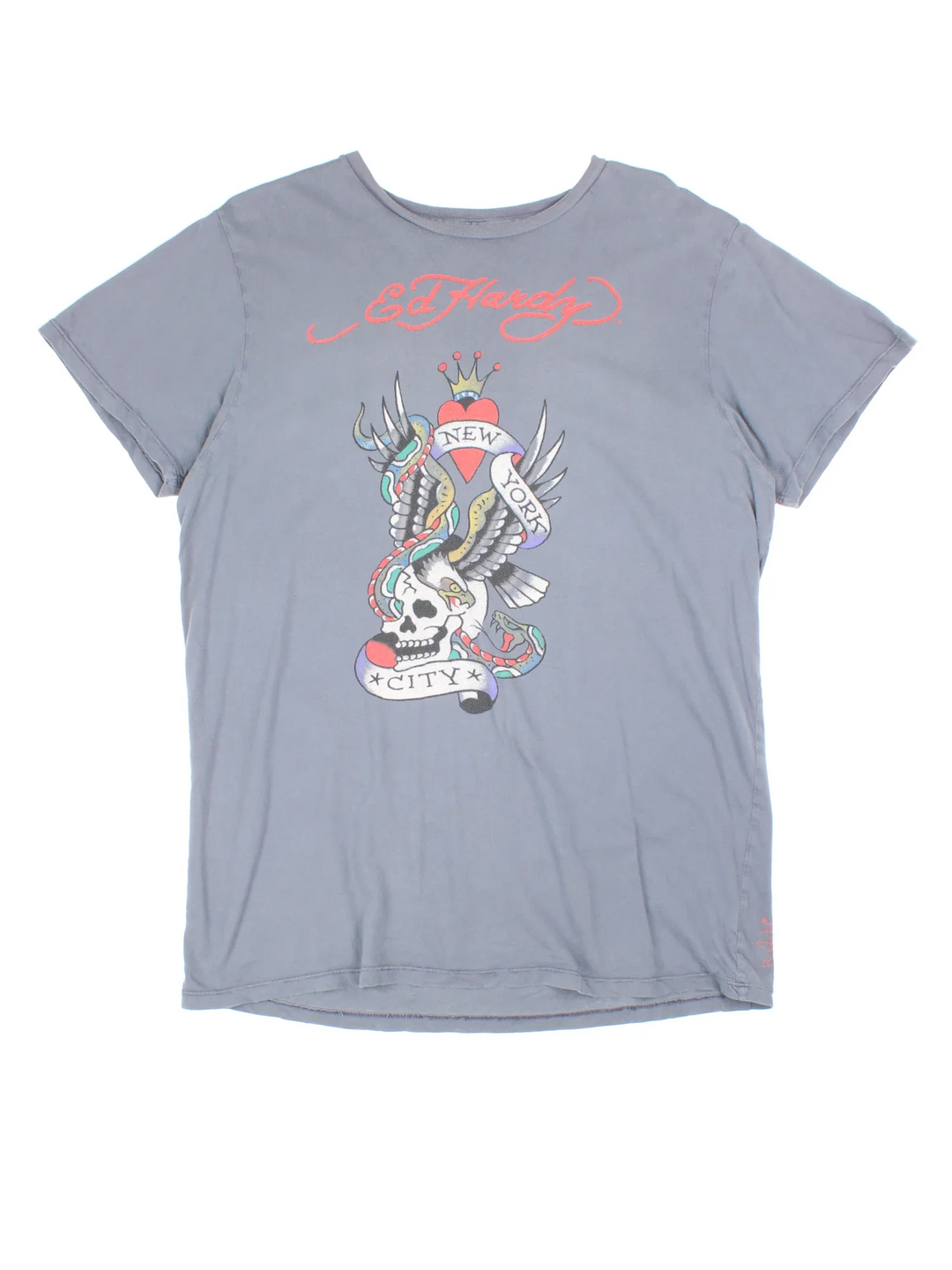 Y2K Ed Hardy New York City T-Shirt in a grey colourway, with branding printed on the front/back.