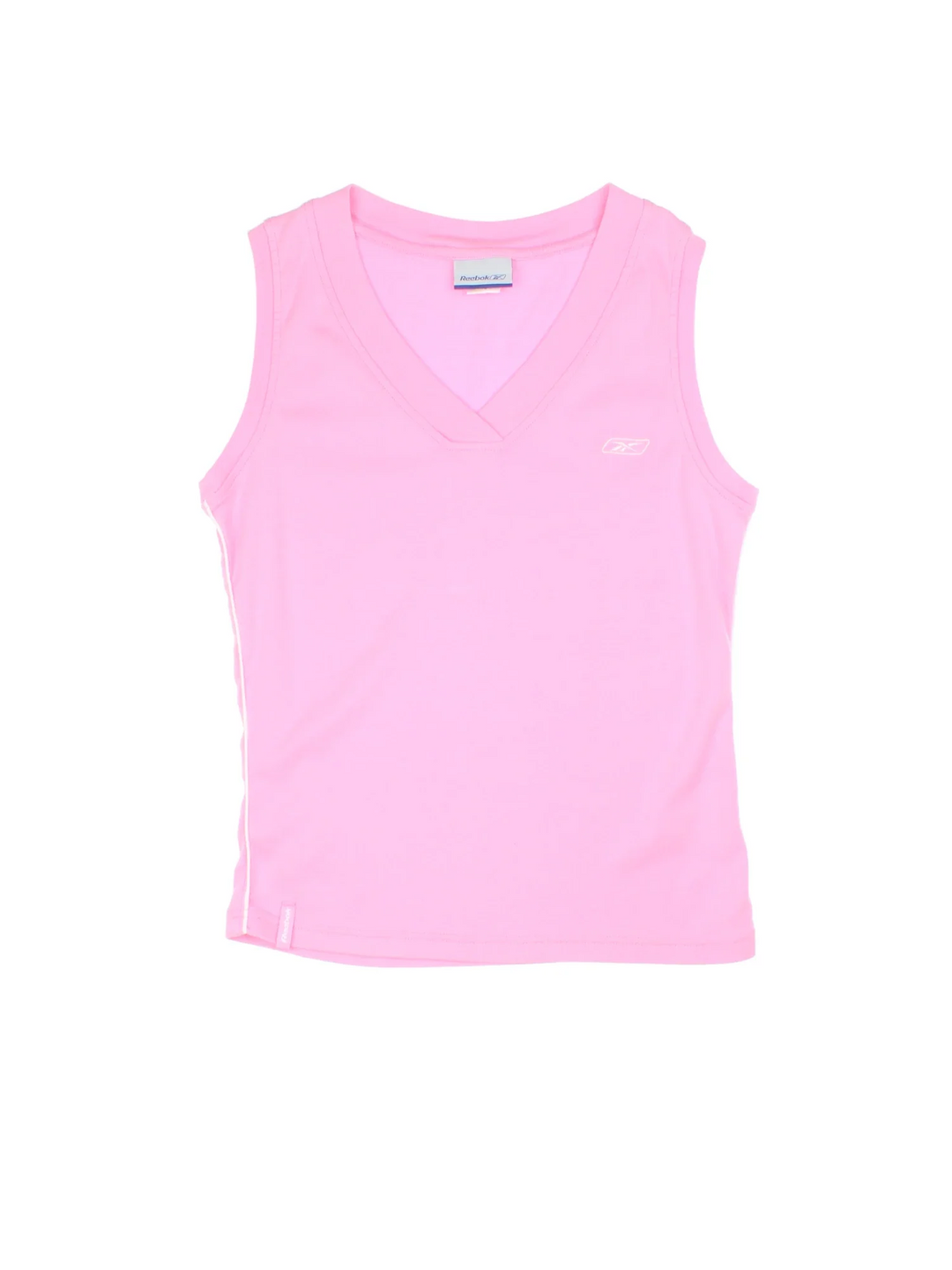 Vintage Reebok Sports Vest in a pink colourway with white stripe detailing and the logo embroidered on the front.