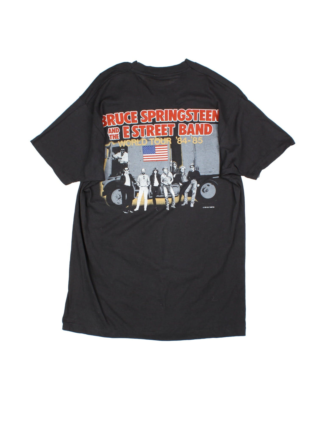 Vintage 1985 Bruce Springsteen World Tour T-Shirt in a black colourway with photo graphic printed on the front and band spell out and graphic on the back.