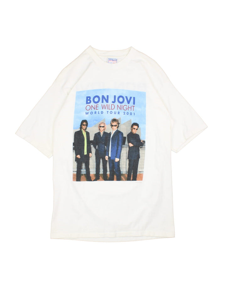 Vintage 2001 Bon Jovi One Wild Night World Tour T-Shirt in a white colourway with the band graphic print on the front and spell out and tour dated printed on the back.
